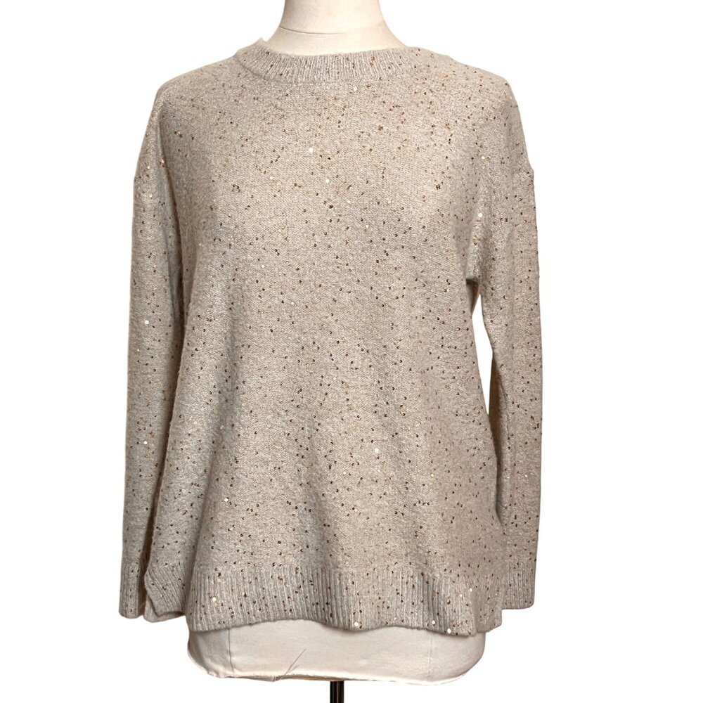 Karl Lagerfeld Paris Womens Sweater M Cream Gold Sequins‎ Keyhole Bow Clean Girl